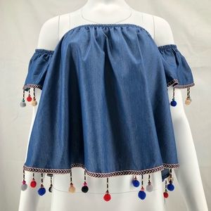 Mikey and Joey Pom Pom fringe off the shoulder top